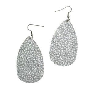 Teardrop Faux Leather Earrings in Gray Silver w/Metallic Sheen Textured New